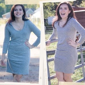 Fitted & Gathered Gray Sweater Dress
